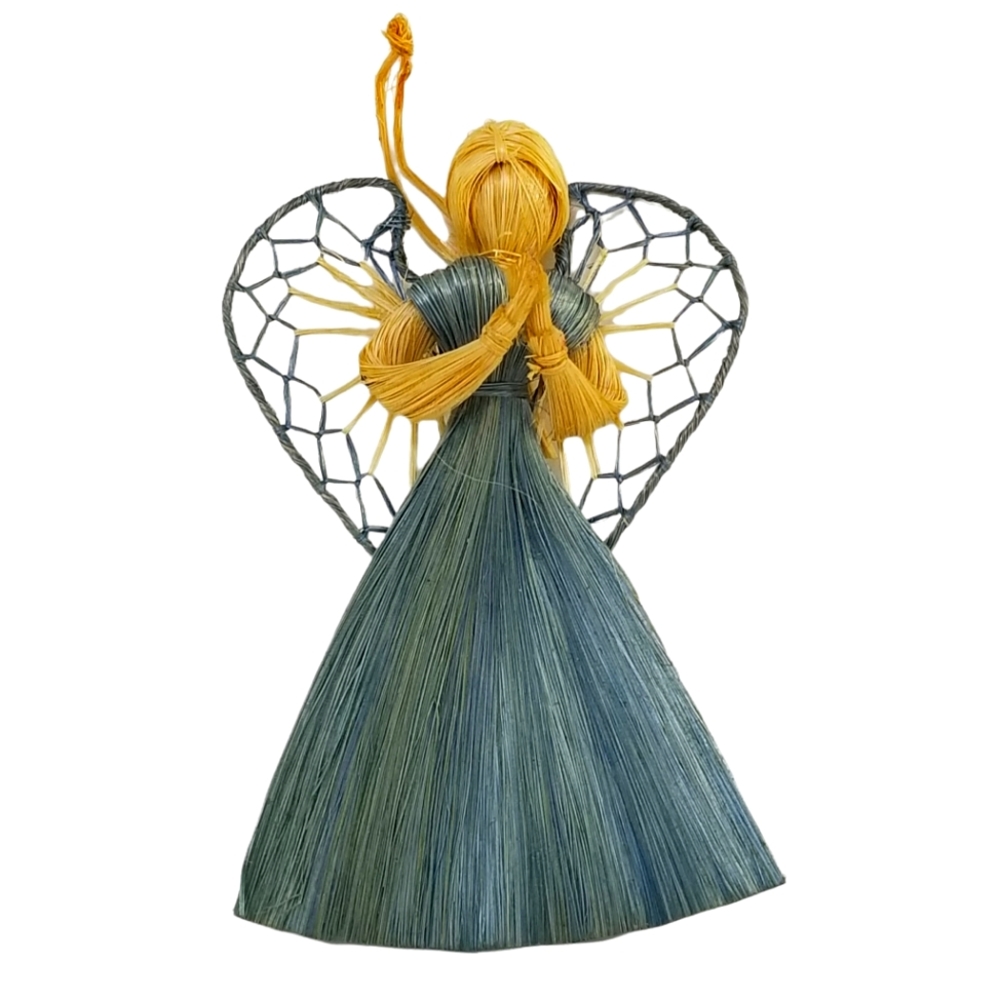 Vintage Straw Praying Angel Hand Woven Christmas Hanging Ornament w/ Blue Dress